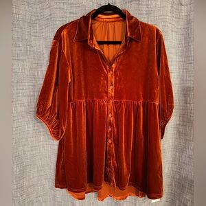 Velvet Button-Up Women's Top in Rich Orange